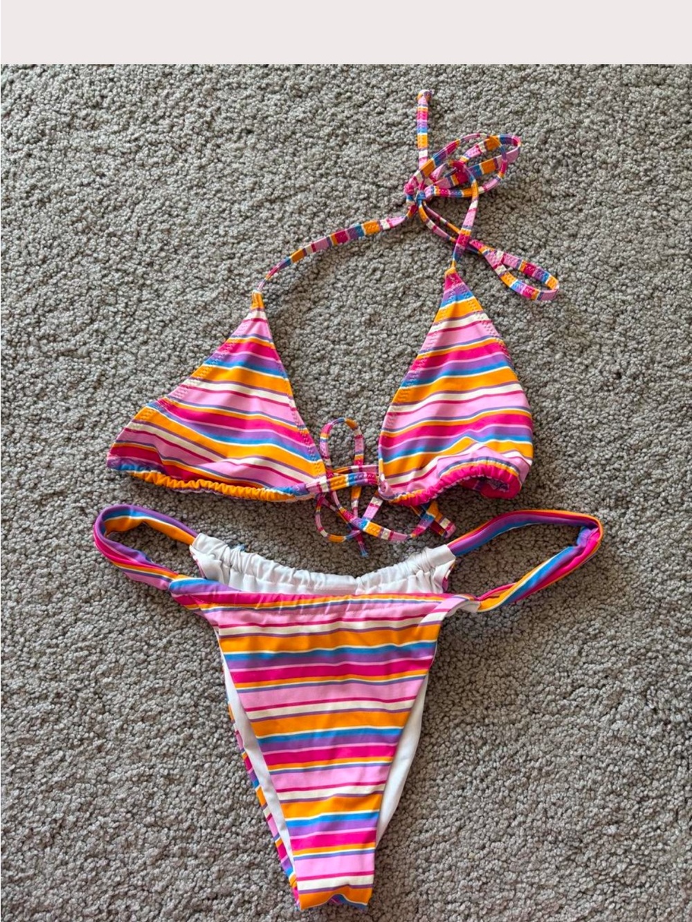 Striped Multicolor Triangle Tie Bikini - Pink, Orange & Yellow